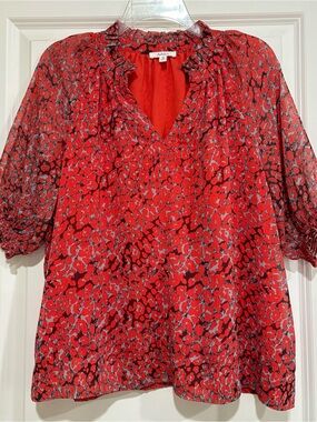 Avara Red Leopard Print Blouse | Sheer Sleeves | Fully Lined | Size Medium